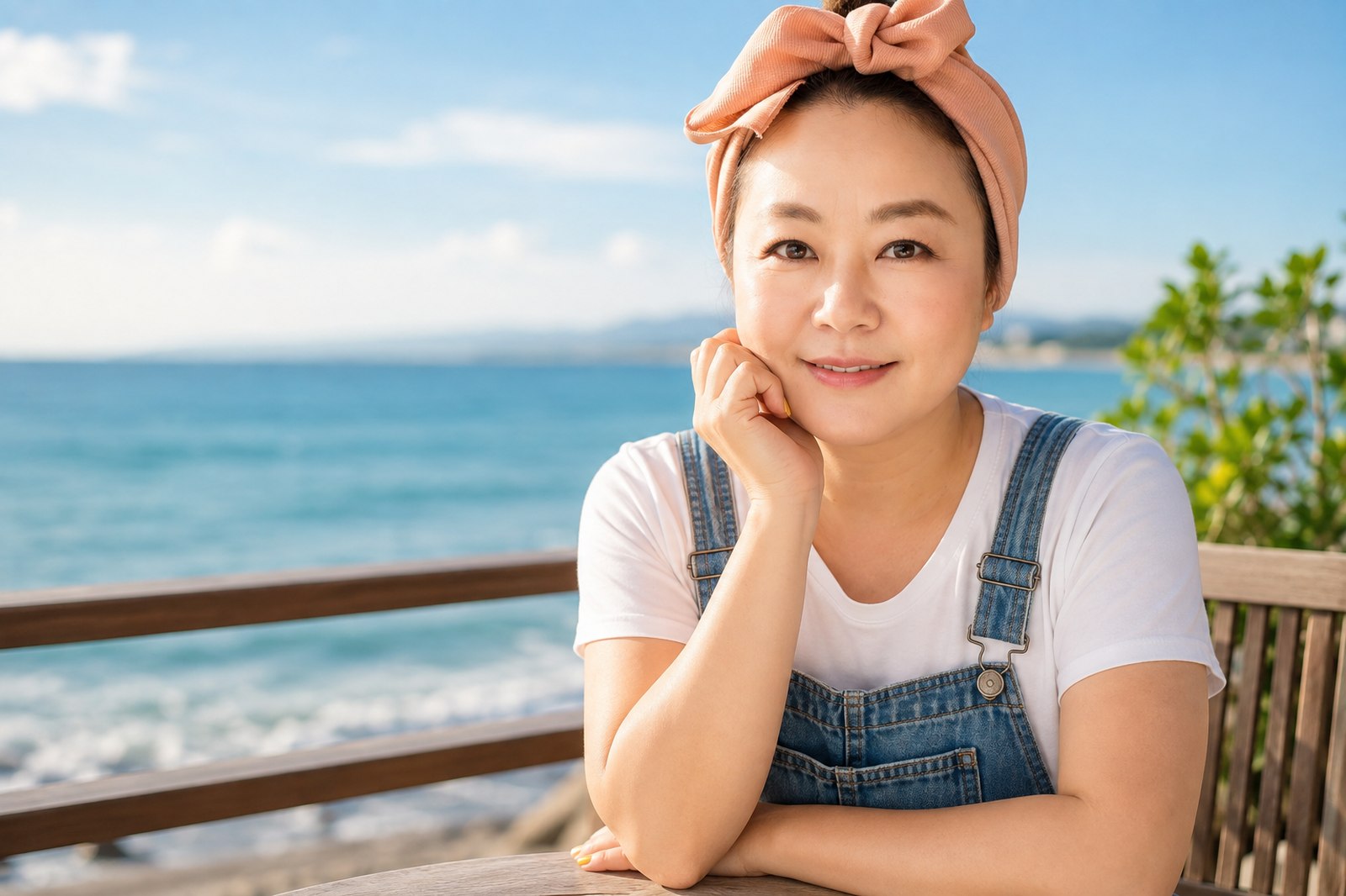 海を背景にした藤田えみのポートレート写真
